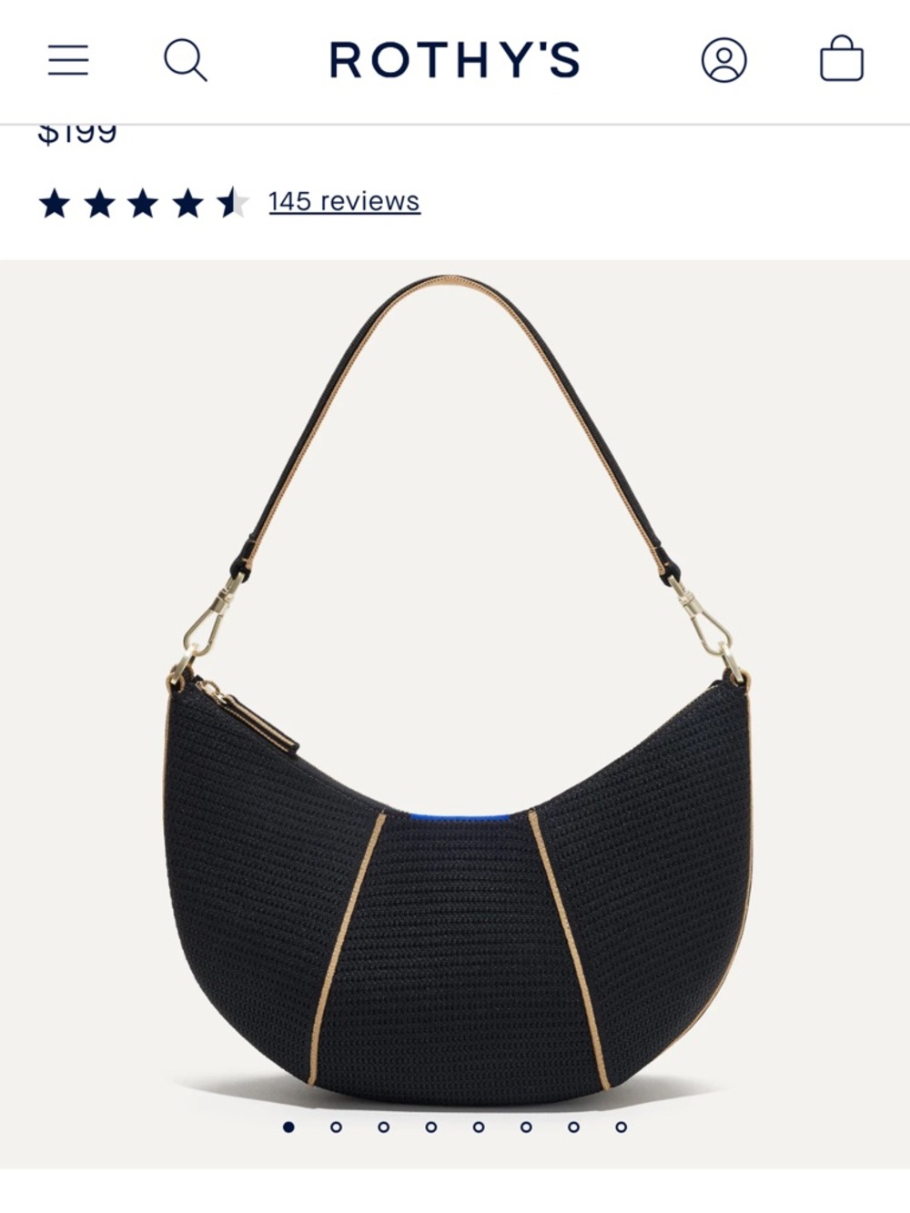 Rothy's Black Crescent Shoulder Bag Gold Trim extra crossbody adjustable strap
